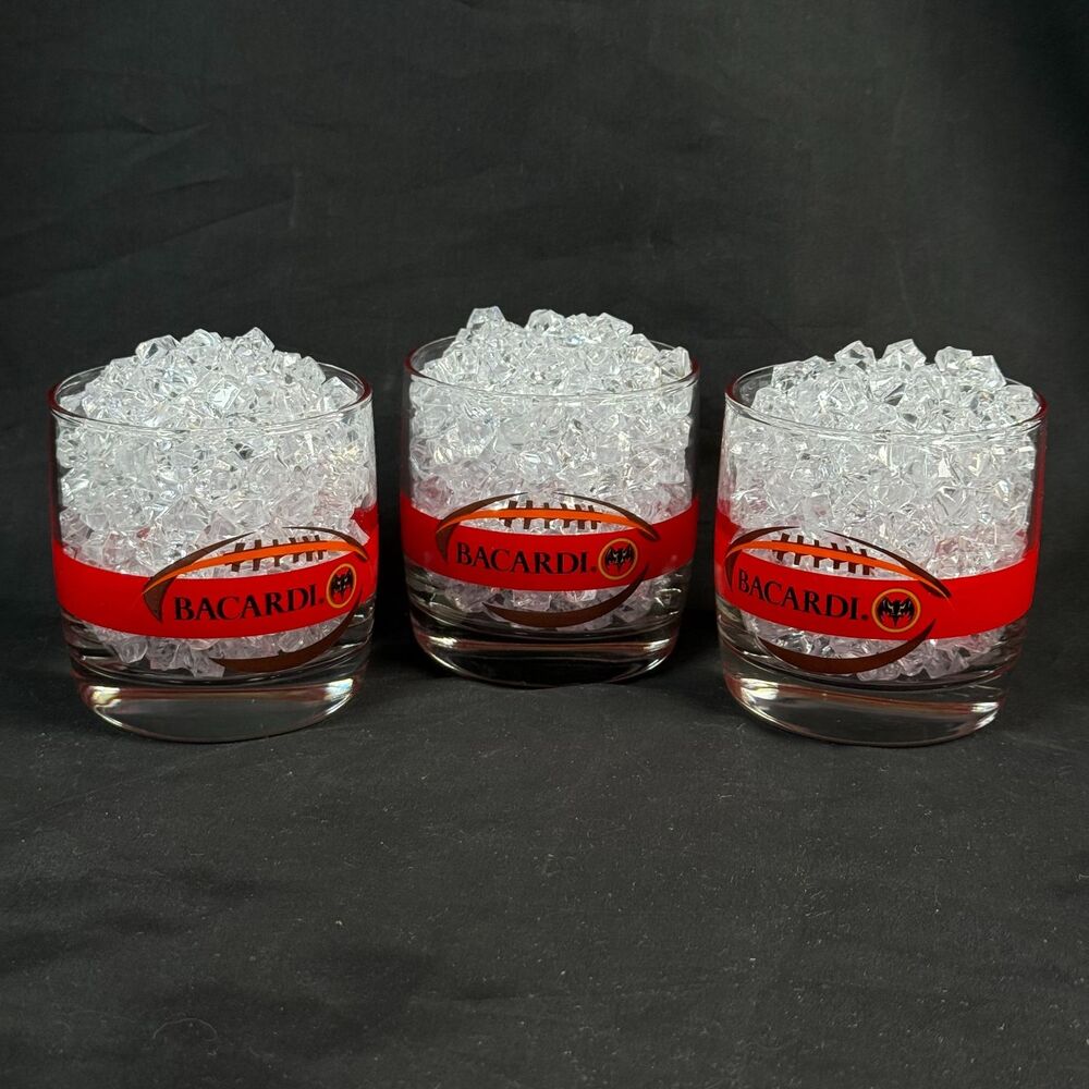 Lot Of 3 Bacardi Rum Football Theme Lowball Glasses Game Day Bat Logo Cocktail